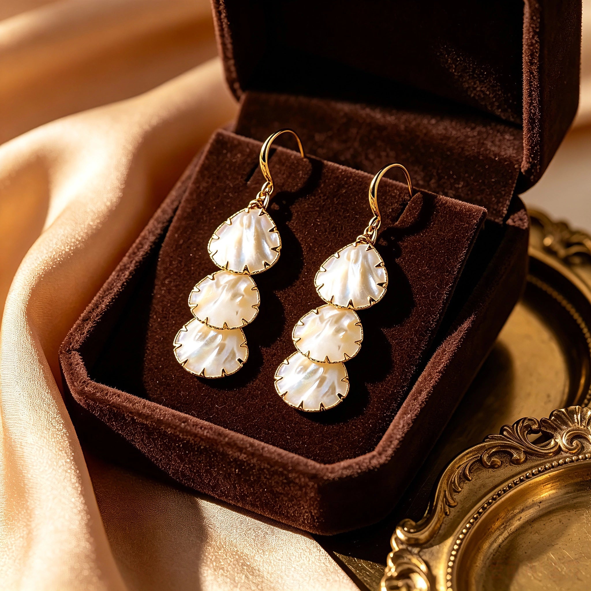 These drop earrings feature three layered natural shell slices with iridescent pearlescent luster. Each shell piece is framed by delicate gold‑tone metal trim for a vintage elegant look. The hook design offers comfortable wear for everyday and special occasions.