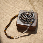 This is a necklace with tiger's eye, clear quartz, gold-plated spacer and elastic cord.