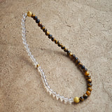 This is a necklace with tiger's eye, clear quartz, gold-plated spacer and elastic cord.