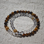 This is a necklace with tiger's eye, clear quartz, gold-plated spacer and elastic cord.
