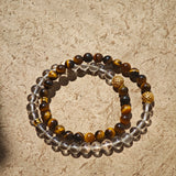 This is a necklace with tiger's eye, clear quartz, gold-plated spacer and elastic cord.