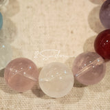 This is a multi gemstone bracelet consists of White Phantom Quartz, Aquamarine, Raw Clear Quartz, Starry Pink Quartz, and Lavender Amethyst.  The colors are close to pastel shades, making them perfect for spring and summer wear.
