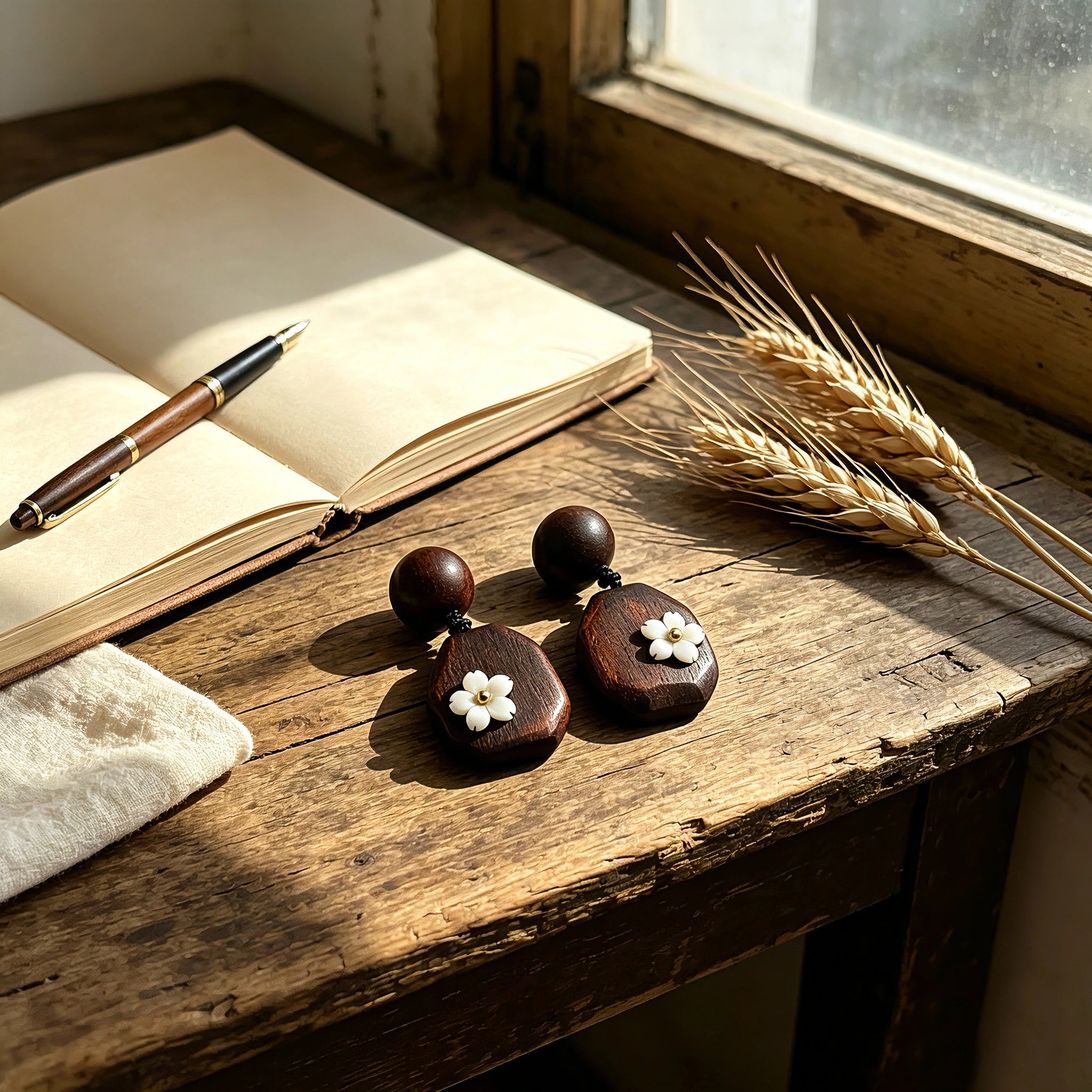 Crafted from vintage‑style dark wood, these drop earrings feature delicate small white flower accents with golden centers. Natural wood grain brings warm retro texture, suspended by black knotted cord for a soft boho‑charm look. They are lightweight statement pieces perfect for daily and casual styling.
