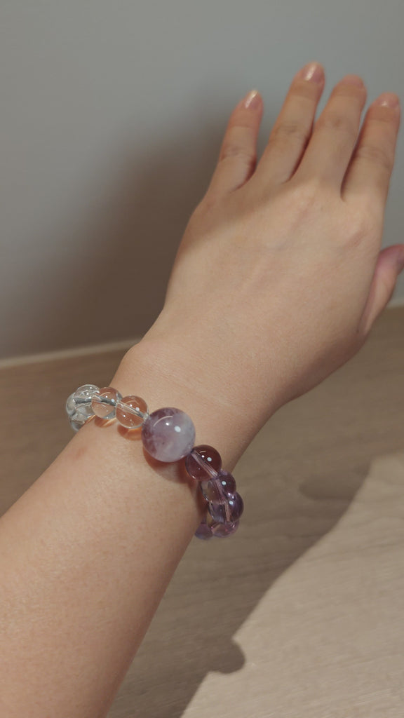 This handcrafted bracelet blends the serene clarity of clear quartz with the dreamy, calming energy of amethyst. The gradient of purple and clear beads creates a timeless, elegant look, perfect for bringing balance, intuition, and positive energy to your everyday style. A stunning piece for crystal lovers and minimalist jewelry enthusiasts alike.